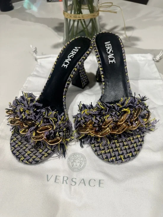 Versace Purple Tweed Slide Sandals with Gold Chain Trim, size 39 - Picture 2 of 4